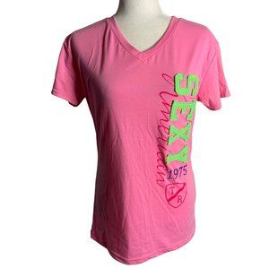 True Rock Embroidered Short Sleeve T Shirt M Pink V Neck Applique Letters